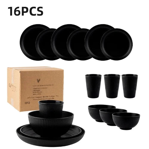 A 16-piece black wheat straw dinnerware set of plates, bowls and cups. Text on the image reads "16PCS".