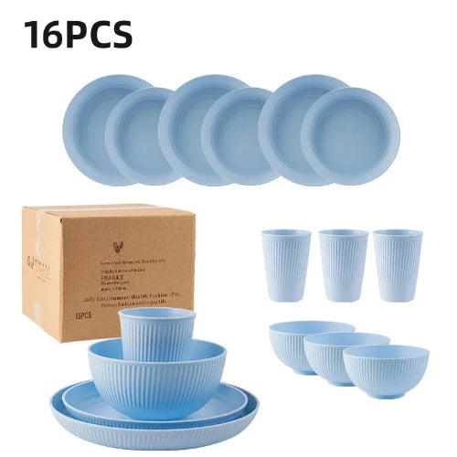 A 16-piece light blue wheat straw dinnerware set consisting of plates, bowls and cups. Text on the image reads "16PCS".