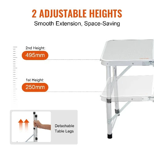 This picture is on a white background, and shows the Wild Style VEVOR Table at two heights.  The header says 2 Adjustable Heights, sub-header says smooth extension, Space-saving.  To the right of the table the bullet shows 1st height at 250 mm and the 2nd bullet at495 mm.  To the bottom left of the picture is a smaller picture demonstrating detachable table legs.