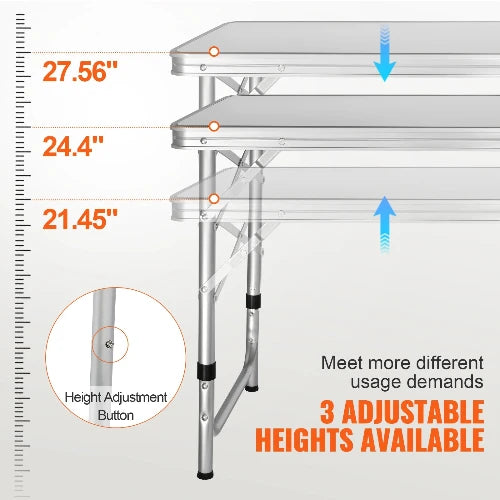 A table that folds and has adjustable options for its height. It has three options for you to choose from: 21.45in, 24.4in, or 27.56in. There is a depiction of a ruler to the left showing the difference in heights.  A small image to the lower left shows a pole with a Height Adjustment Button. Text  on image: "Meet more different usage demands. 3 ADJUSTABLE HEIGHTS AVAILABLE."