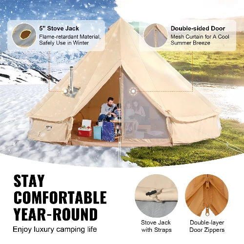 This picture shows half of the tent in winter use and half of hte tent in summer use.  The top left hand corner points to the 5in stove jack featuring flame-resistant material, safely use in winter. The top right hand corner points to the double sided door featuring mesh curtain for a cool summer breeze.  The bottom header says Stay Comfortable Year-Round and sub header says Enjoy luxury camping life.  The 2 smaller pics feature a stove jack with strips and double-layer door zippers.