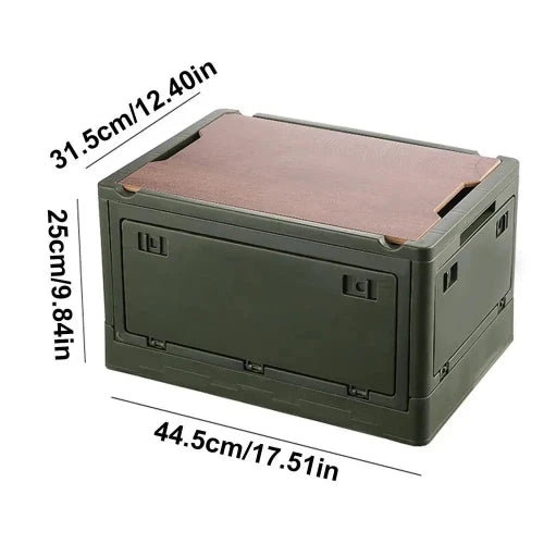 An army green storage container with its dimensions. The dimensions are: 31.5cm/12.40in x 25cm/9.84in x 44.5cm/17.51in.