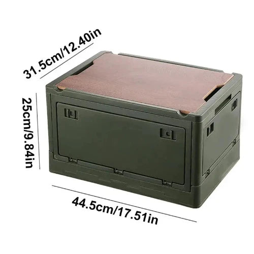 An army green storage container with its dimensions. The dimensions are 31.5cm/12.40in x 25cm/9.81in x 44.5cm/17.51in.