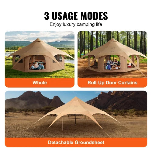 This picture shows three ways to use the tent. the header says 3 usage modes with sub-header enjoy luxury camping life. The First picture is of the whole tent with windows half down. The second picture shows the roll up door curtains showing a gazebo style. The third picture shows just the detachable groundsheet for a full shade usage. 