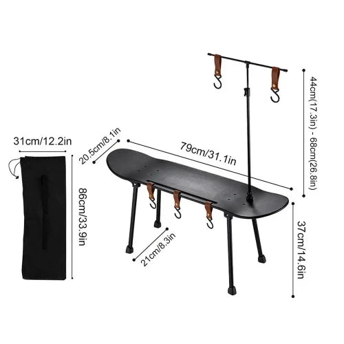 Wild Glamping Skateboard Table: Compact and versatile design with a mesh bag (12.2in x 33.9in) and a table (31.1in across). Adjustable height from base to table (14.6 inches) and table to top of pole (26.8in). Table leg span (across) is 8.3in, and the table surface width is 8.1 inches. The skateboard length is 31.1 inches.