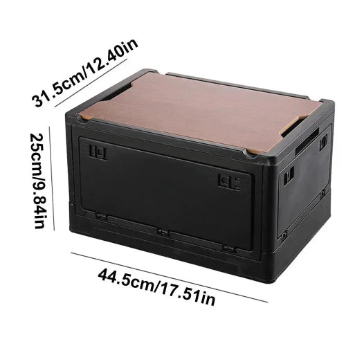 A black storage cox with its dimensions. The dimensions are: 31.5cm/12.40in x 25cm/9.84in x 44.5cm/17.51in.