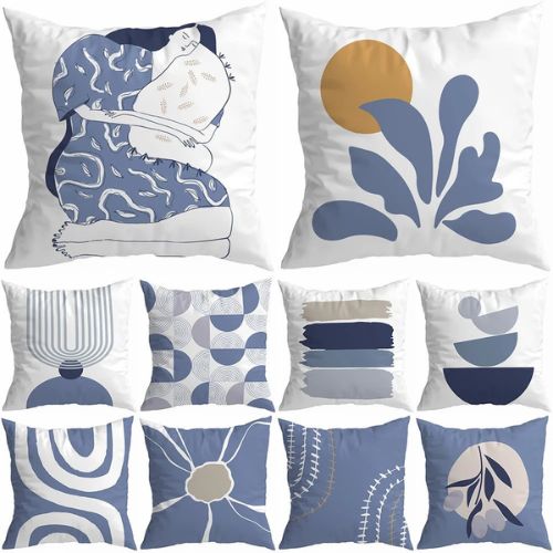 Enjoy 10 various designs of each of our Blue Abstract Design Pillow Covers for Convenient Comfort. 