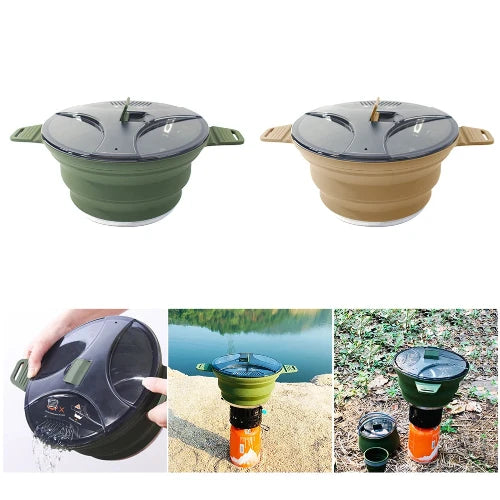 A collage of four pictures. The top is of two collapsable silicone pots with a lids. One is army green and the other is khaki. The bottom left image is someone using the lid to strain water from a collapsable pot. The middle image is of a green silicone collapsible pot with a lid on over a single burner stove in front of water. The bottom right image is of a green silicone collapsable pot on a single burner stove outside surrounded by a collapsible kettle and collapsible cup that are both silicone.