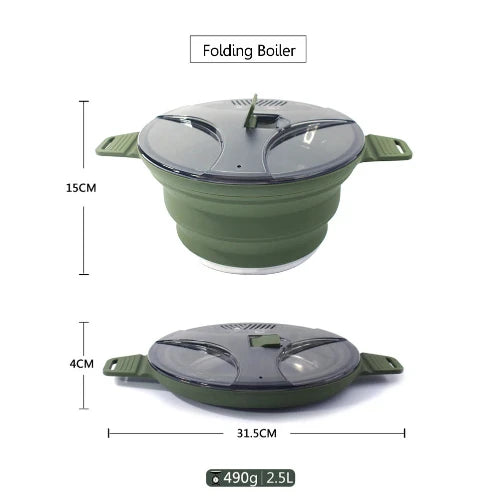 Two images of an army green silicone collapsable pot. The top is of the pot standing with the dimension "15cm" to the left. The bottom image is of the pot collapsed with the dimension "4cm" to the left and "31.5cm" under the image. In a grey box at the bottom of the image it says "490g/2.5L" in white writing.