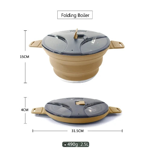 Two images of a khaki colored silicone collapsable pot. The top is of the pot standing with the dimension "15cm" to the left. The bottom image is of the pot collapsed with the dimension "4cm" to the left and "31.5cm" under the image. In a grey box at the bottom of the image it says "490g/2.5L" in white writing.