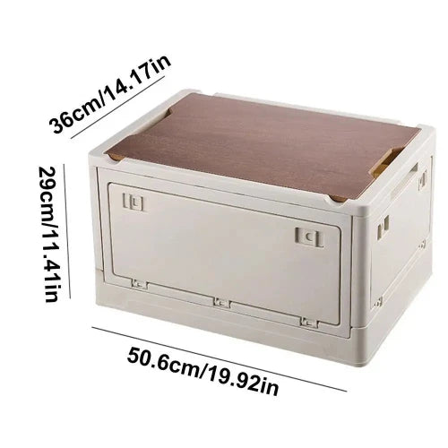 A large cream-colored storage box with its dimensions. The dimensions are 36cm/14.17in x 29cm/11.41in x 50.6cm/19.92in.