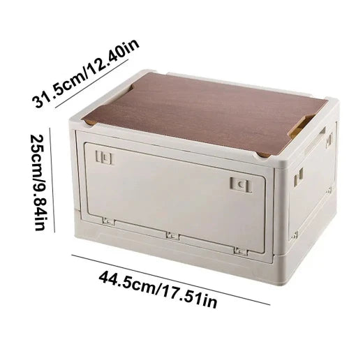 A cream colored storage container with its dimensions. The dimensions are: 31.5cm/12.4in x 25cm/9.84in x 44.5cm/17.51in.