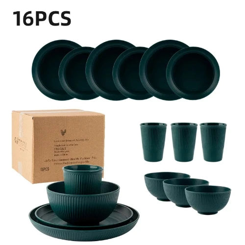 A 16-piece dark green wheat straw dinnerware set consisting of plates, bowls and cups. Text on the image reads "16PCS".