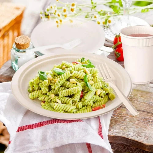 A white biodegradable paper plate is shown with a fork and pasta salad on it in a picnic setting on a wooden table with a white and red cloth napkin under it.