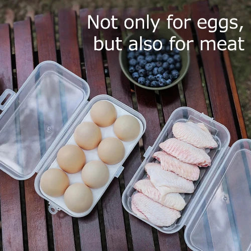 Picture taken at a campsite picnic table. Header says, "Not only for eggs, but for meat" This picture shows versatile use for either eggs or food. Sat next to a bowl of blueberries. 