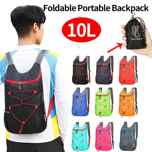 On white background. Person shown wearing backpack. Header says, "Foldable Portable Backpack" Bullet showing "10 L" Backpack shown folded into small hand size bag for easy storage, 9 different color options shown in picture. 