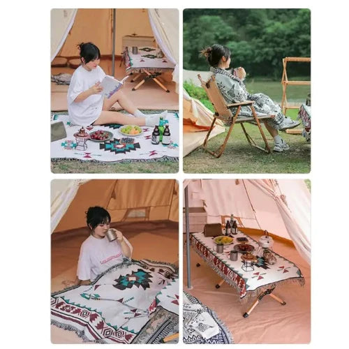 A collage of four images. The top left image is a person having a picnic on a floor mat with southwestern design with black, teal, red in front of a yurt style tent. The top right image is person wrapped in a blanket with a southwestern design sitting outside in a wooden chair. The bottom left image is a person sitting on the floor of a yurt covered with a blanket that has a southwestern design. The bottom right image is a table covered with a southwestern style blanket and a buffet of food atop it.