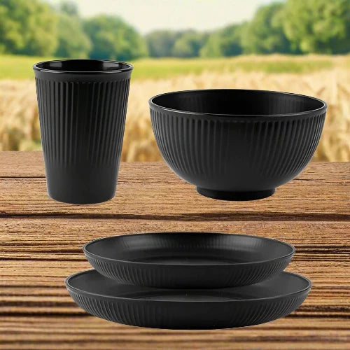 A black wheat straw dinnerware set. Included is one large plate, one small plate, one bowl and one cup.