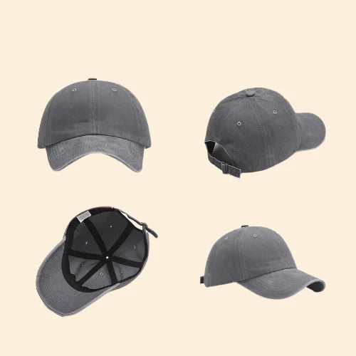 A collage of four images of a grey stone washed baseball cap from different angles.