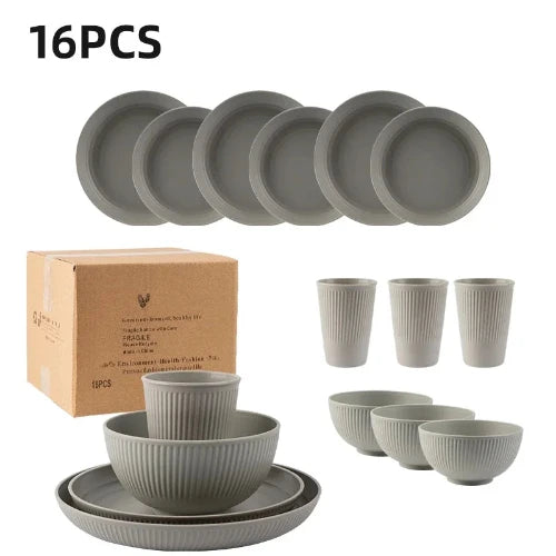 A 16-piece grey wheat straw dinner ware set consisting of plates, bowls and cups. Text on the image reads "16PCS".