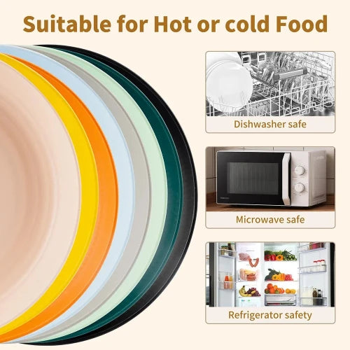 A multicolored stack of plates to the left and 3 pictures to the right. One picture is of a dishwasher and text reads "Dishwasher Safe". The second picture is of a microwave and text reads "Microwave safe". The third picture is of an open refrigerator and the text reads "Refrigerator safe". text at the top of the main image reads "Suitable for Hor or Cold Food"