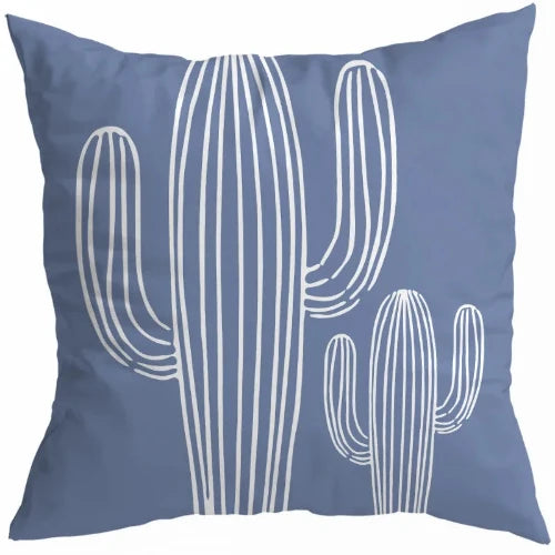 The Light Blue Abstract Cactus design bears a medium blue background with white lines depicting one large cactus and one small cactus to the right side of the large cactus. Enjoy this aesthetic appeal. 