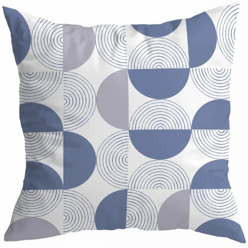 Our Light Blue Abstract Circle Design bears multiple thin striped half circles made up of 10 lines meeting light blue or grey filled in half circles for rustic comfort.