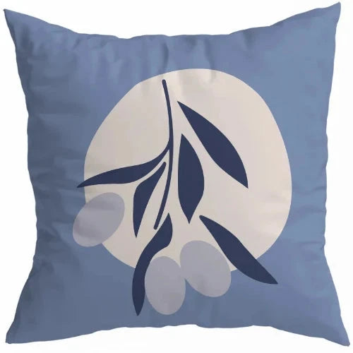 Our Light Blue Abstract Leaf design features a light blue background with a large white circle in the middle. In the forefront of this design lies a dark blue slender twig with six dark blue leaves surrounding it. Scattered among the leaves are three light blue oval shapes that are partially within the white circle.  Great modern design. 