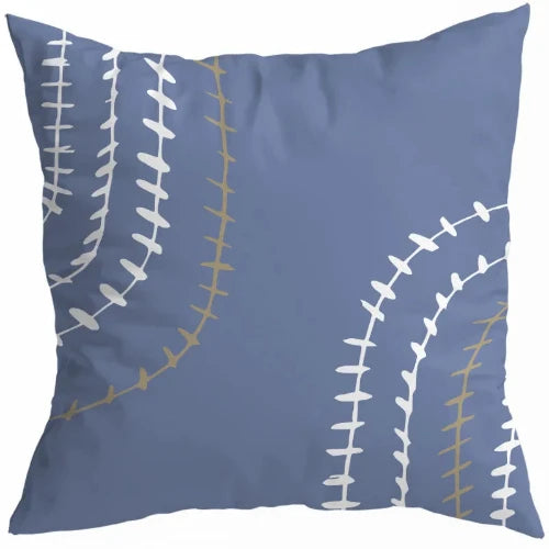 The Light Blue Abstract Lines Design bears a light blue background with two sets of four curved lines on two opposing corners of the pillow cover. Three of these curved lines are white and one is grey. Each line is adorned with many dash marks perpendicular to the line from beginning to end and have the playful appearance of being hand drawn.