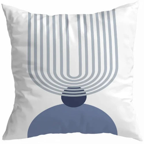 The Light Blue Abstract U design bears a white background with a filled in medium blue half circle on one side. A filled in navy blue small circle sits atop the half circle. The opposite side includes seven long slender arced light blue lines creating a U shape with four of the lines crossing over the navy blue circle. This is a great stylish choice.