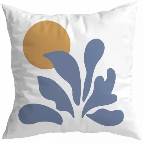 The Light Blue Abstract Plant and Sun design bears a white background with a deep mustard yellow sun in one corner and an arc of six various representations of light blue plant leaves with one leaf partially covering a small area of the sun offering a summer vibe.