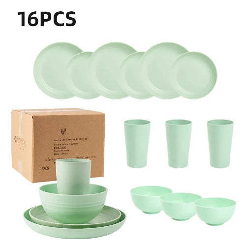 A 16-piece light green wheat straw dinnerware set consisting of plates, bowls and cups. Text on the image reads "16PCS".