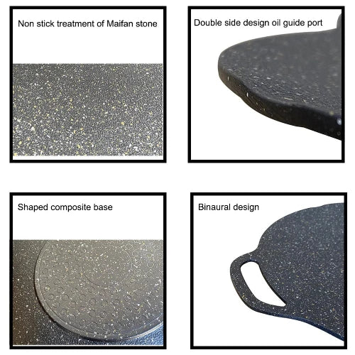 There are four images depicting the main features of the black speckled griddle. Text on this page says: "Nonstick treatment of premium stone, double side design oil guide port, shaped composite base, binaural design."