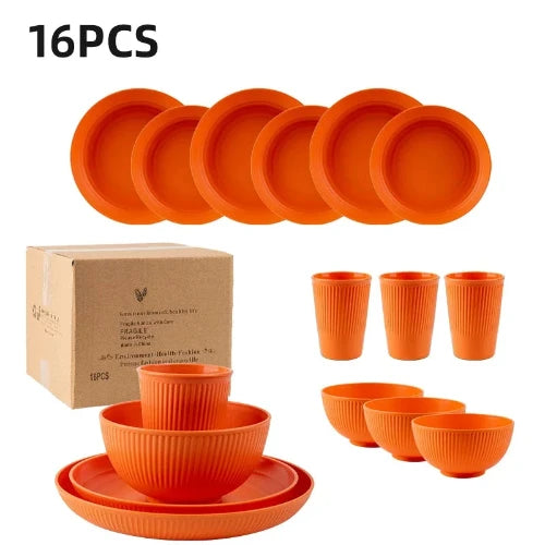 A 16-piece orange wheat straw dinnerware set consisting of plates, bowls and cups. Text on the image reads "16PCS".