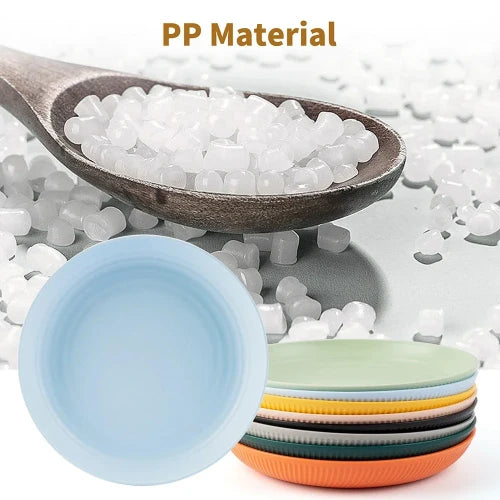 A wooden spoon holding tiny plastic beads. A multicolored stack of plates in the bottom right corner. Text that reads "PP Material".