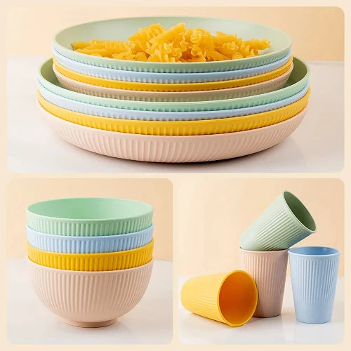 Three images of pastel wheat straw dinnerware sets. The colors of the set are light pink, yellow, light blue and light green. The top image has the four large plates under the four small plates with the top plate having pasta in it. The bottom right image has a picture of the cups. The bottom left image has a picture of the bowls stacked.