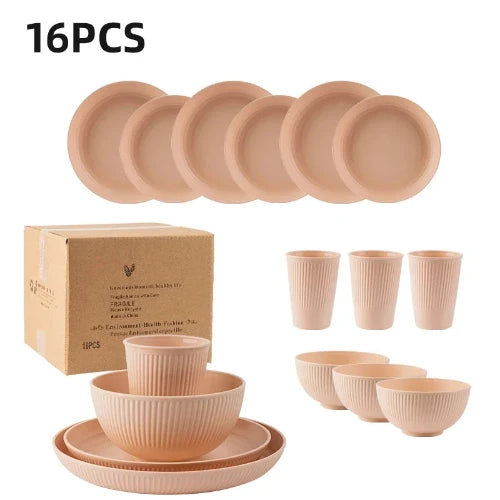 A 16-piece pink wheat straw dinner ware set consisting of plates, bowls and cups. Text on the image reads "16PCS".