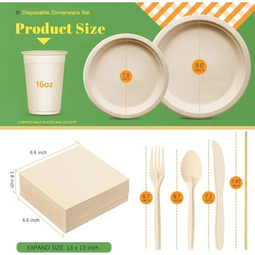 Two images showing the sizes of each biodegradable item. In the top picture there is a 16oz cup, 7in dessert plate and a 9in plate. The bottom picture is of a stack of napkins that are 6.6in x 6.6in, a fork and spoon that are 6.7in long, a knife that is 7.4 in long knife.