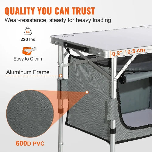 A close up of a portable table that folds highlighting its features. The table is made with quality materials with an aluminum frame and a 600D PVC tabletop. It can hold up to 220lbs and can be cleaned easily.