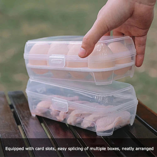 This picture is taken on a campsite picnic table, it shows a hand stacking one container on top of another. Sub-header at bottom of picture says, "Equipped with card slots, easy splicing of multiple boxes, neatly arranged."