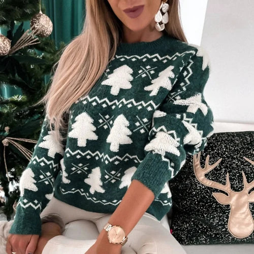 Rustic Tree Print Sweater | Elegant Crew Neck