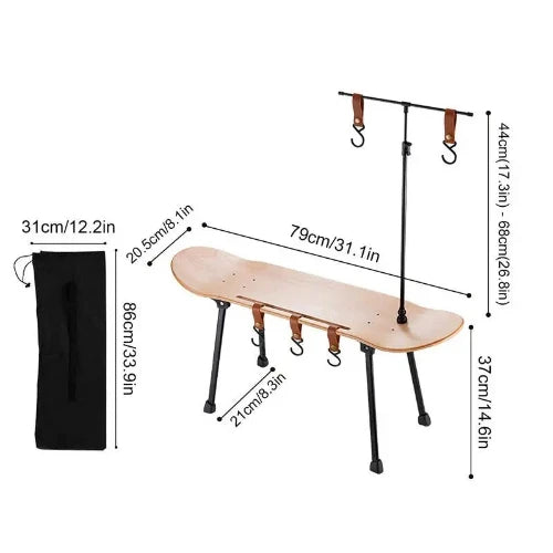 “Wild Glamping Skateboard Table: Compact and versatile design with a mesh bag (12.2in x 33.9in) and a table (31.1in across). Adjustable height from base to table (14.6 inches) and table to top of pole (26.8in). Table leg span (across) is 8.3in, and the table surface width is 8.1 inches. The skateboard length is 31.1 inches.”