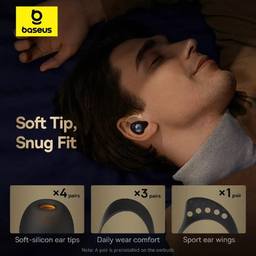 A person wearing wireless in-ear headphones. The text tells consumers that this pair will come with multiple tips for the ears including, 4 pairs of soft silicone ear tips, 3 pairs for daily wear comfort and one pair of sport ear wings allowing for a snug fit.