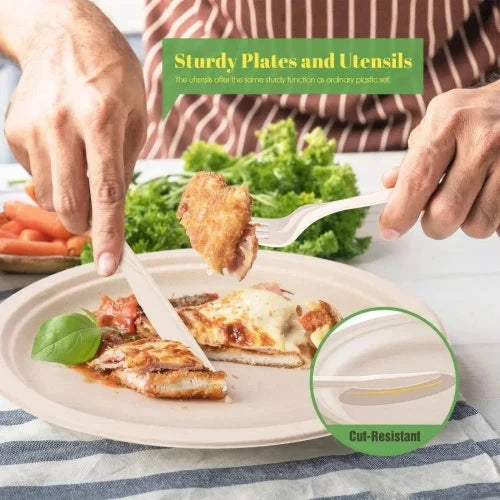 A person is cutting a piece of chicken using these sturdy utensils. The food is on a durable paper plate showcasing its cut-resistance. Tet on the image says: "Sturdy Plates and Utensils. Cut-Resistant."