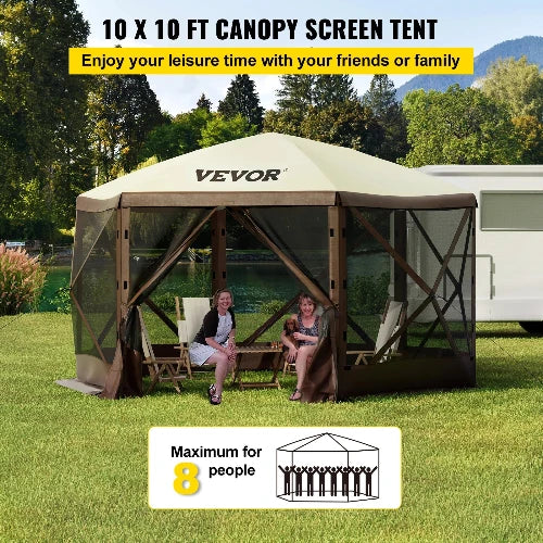 This picture is taken at an RV campsite. The header says, "10 x 10 ft Canopy Screen Tent" and sub-header that says, "Enjoy your leisure time with your friends and family." The gazebo features two women sitting inside around a table and 4 chairs. At the bottom of the picture shows "Maximum for 8 people"