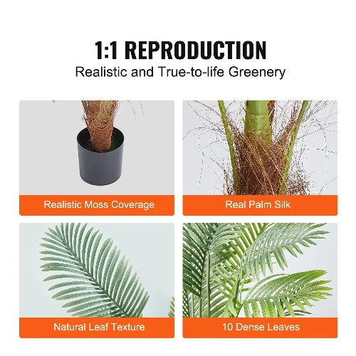 This a 4-in-1 picture. The first one demonstrates "realistic moss coverage." The second one "Real Palm Silk." The third "Natural Leaf Texture" and the fourth "10 dense leaves"