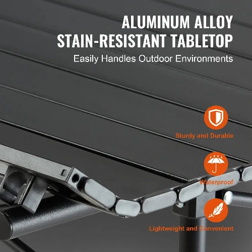 This picture is zoomed in on the edge of the table. The header says, "Aluminum Alloy Stain-Resistant Tabletop" and sub-header "Easily Handles Outdoor Environments: There are three pullet points: sturdy and durable, waterproof, and lightweight and convenient.  The corner of the table snaps on to the rods for sturdy setup.