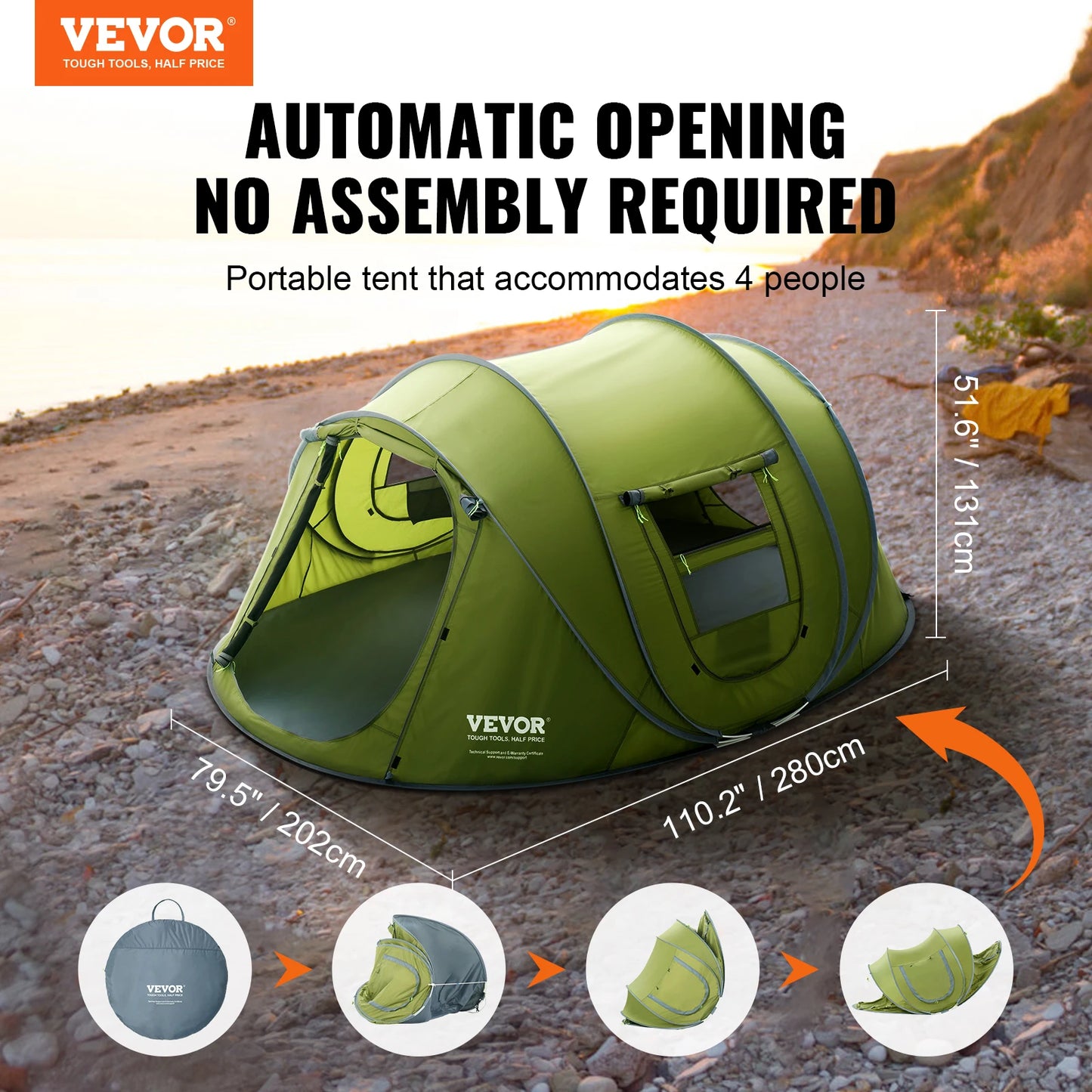 This picture is taken on the edge of a mountain campsite. The VEVOR Logo is placed in the top left-hand corner. Header says, "Automatic Opening, No Assembly Required" and the sub-header says, "Portable tent that accommodates 4 people". Dimensions are 79.5" x 110.2" x 51.6". There are three bullet pictures that point to easy assembly. 1, VEVOR tent bag; 2, opening the tent bag for automatic opening; 3, unfolding the tent; and 4, the tent almost fully opened. This points to no assembly required method.