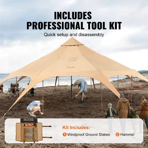 This picture shows several people setting up the roof as a sunshade. The heading says includes professional toolkit and sub header saying quick setup and disassembly. there is a small picture at the bottom featuring the toolkit with waterproof ground stakes and hammer. 