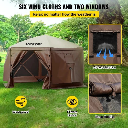 This picture is taken in a green area with a header that says, "Six Wind Cloths and Two Windows" the sub-header says, "Relax no matter how the weather is" The pictures the wind cloths with an opening, two pictures to the left-hand side showing a strap buckle and air acceleration. The two bullet points at the bottom show it is wind-proof and private space feature.